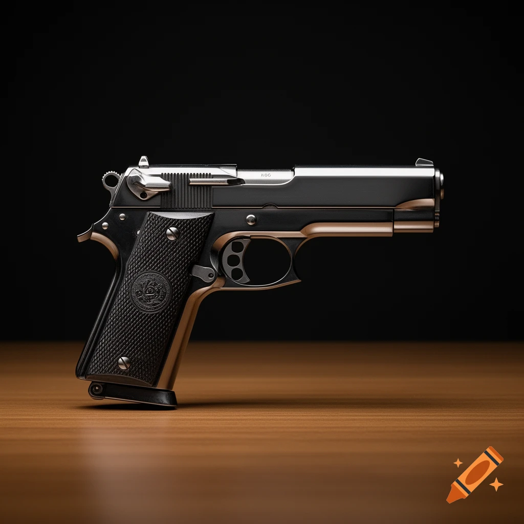 A close-up, photorealistic shot of a black and silver pistol resting on a polished wooden surface against a dark background.