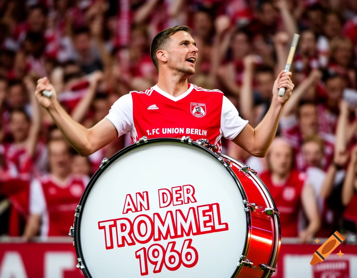 A man in a red and white Union Berlin jersey plays a large drum with 'AN DER TROMMEL 1966' on it, amidst a cheering crowd.