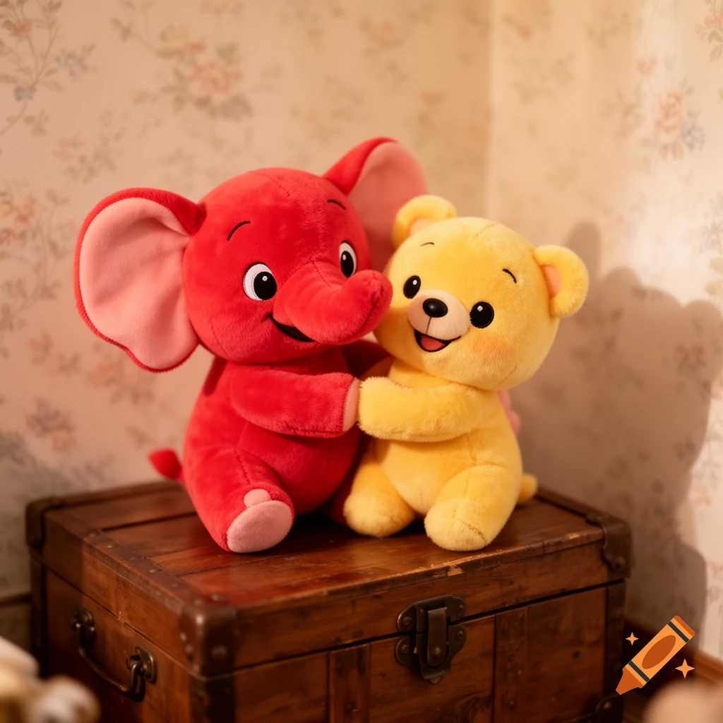 A red elephant plush toy and a yellow bear plush toy hugging on a wooden chest against a floral wallpaper.