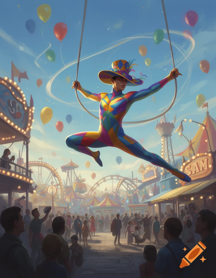A colorful trapeze artist in a harlequin-patterned suit and hat performs high above a lively carnival crowd with balloons.