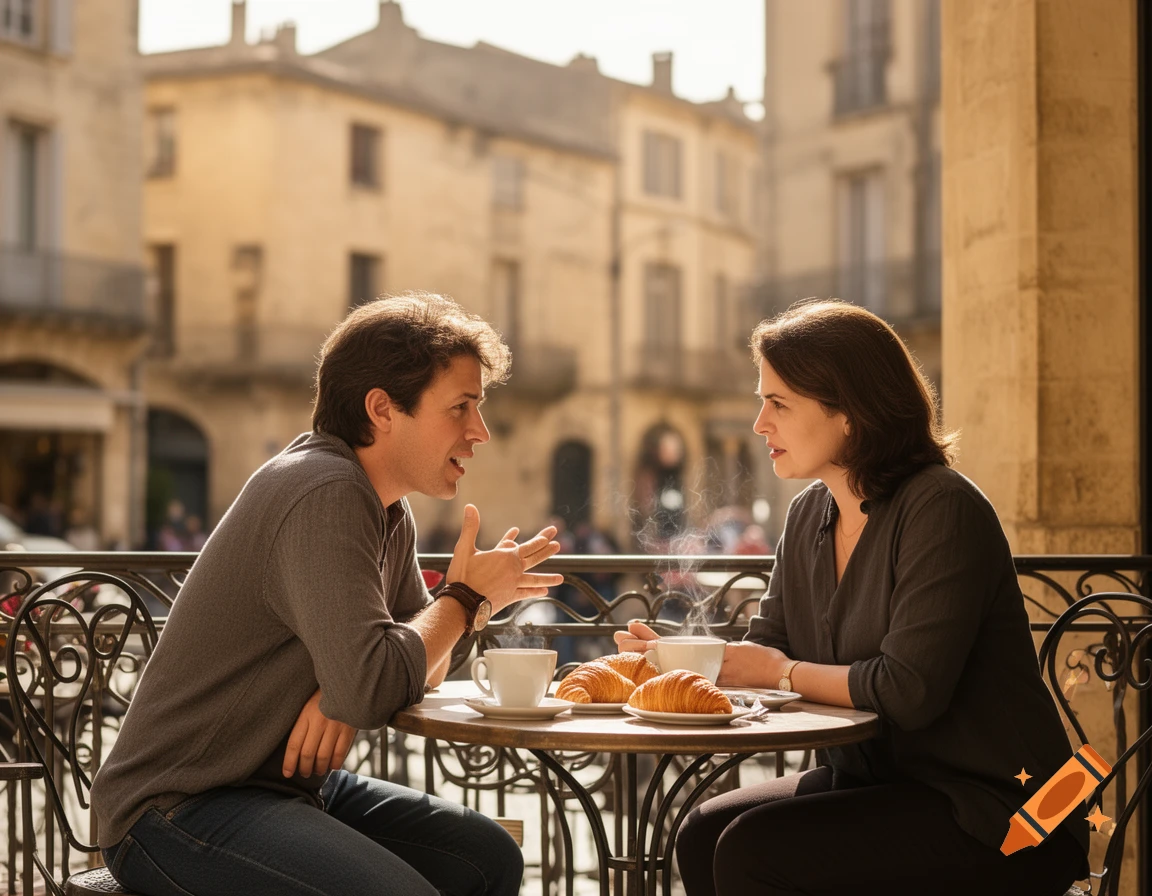 Two people converse at an outdoor cafe table with coffee and croissants, against a sunny background of historic buildings.