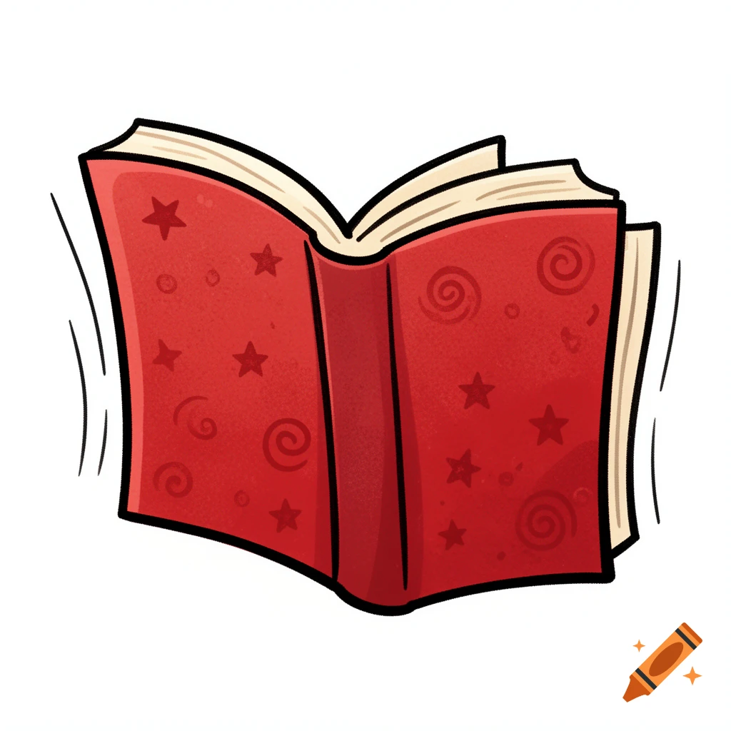 A cartoonish open red book with stars and swirls on its cover, against a white background.