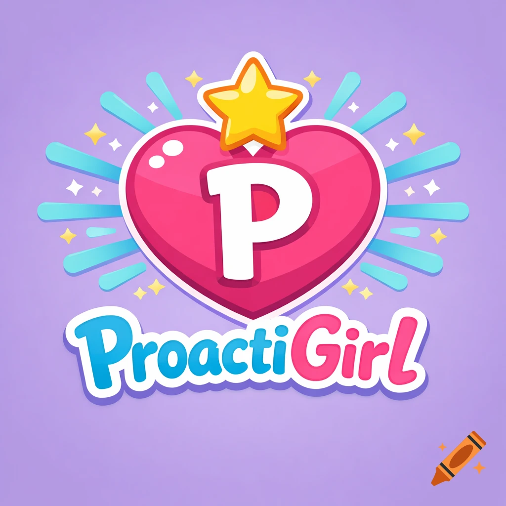 Cute flat vector logo with a pink heart, white 'P', yellow star, and 'ProactiGirl' text on a purple background.