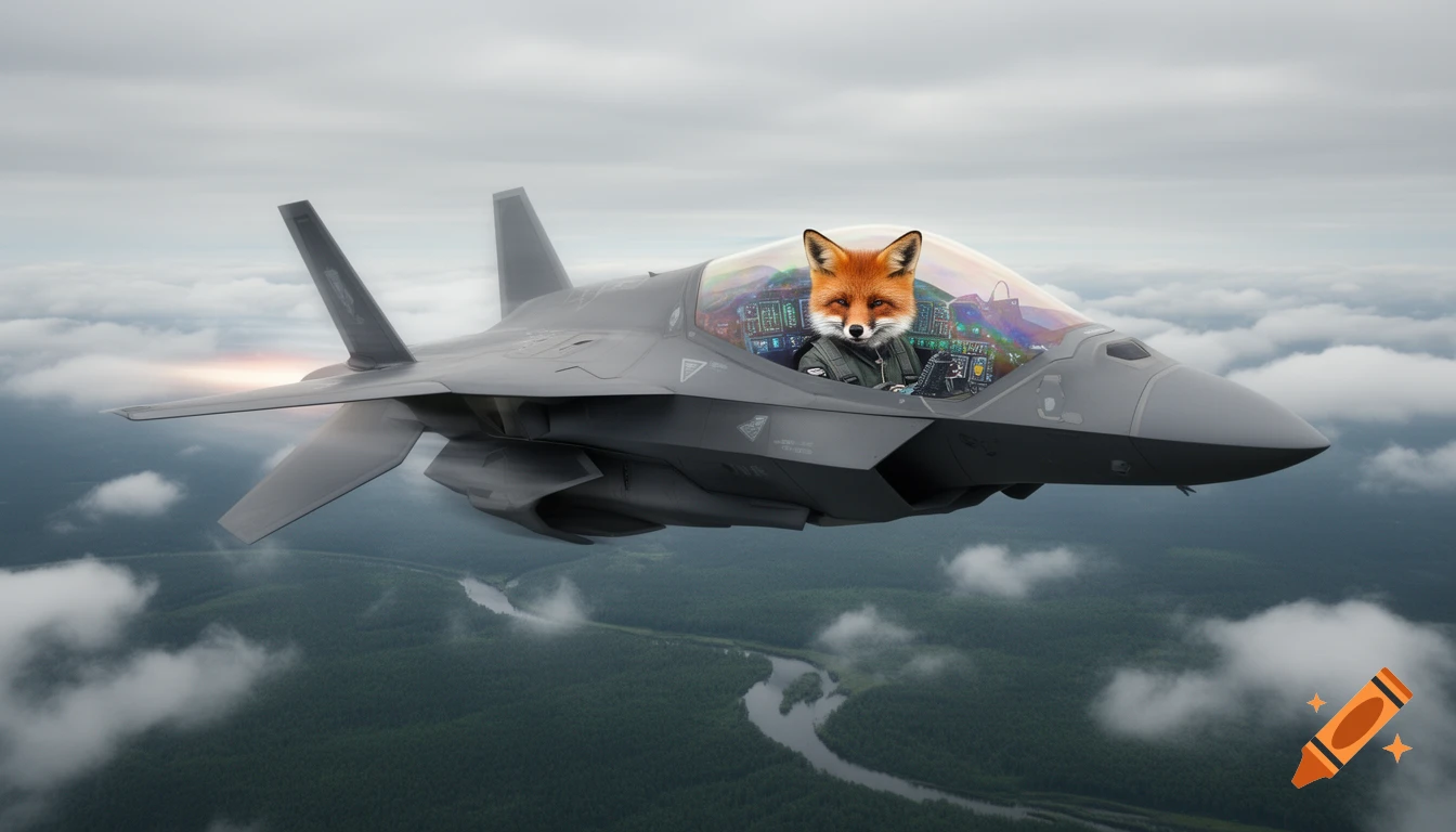 A photorealistic red fox in a pilot's uniform flies a gray fighter jet over a green forested landscape with a river under clouds.