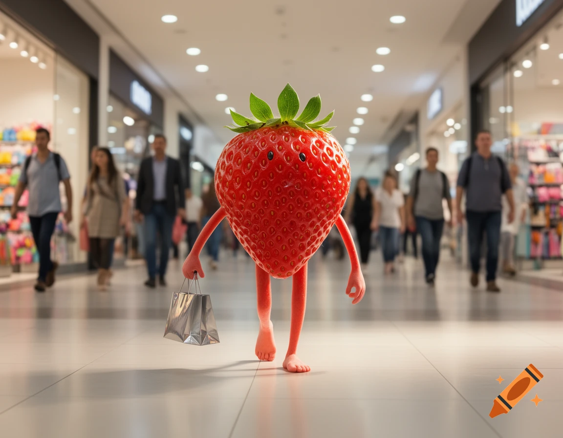 An anthropomorphic strawberry with slender arms and legs carries a silver shopping bag while walking through a bright mall aisle.