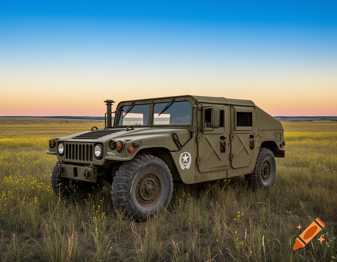An olive green military-style Humvee/Jeep hybrid vehicle sits in a grassy field with yellow wildflowers under a blue and orange sky at sunset.