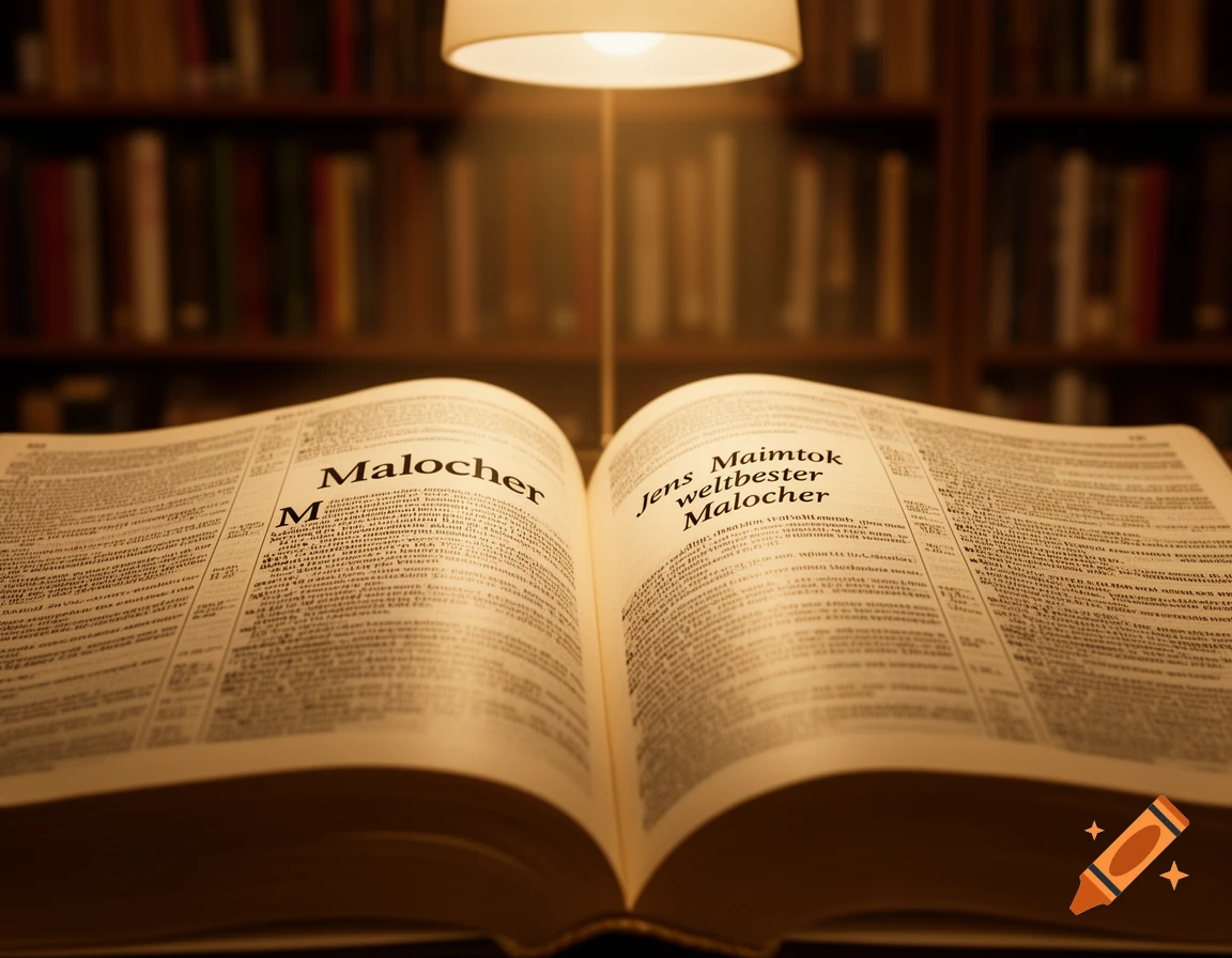 A warmly lit, open dictionary under a lamp, with blurred bookshelves in the background.