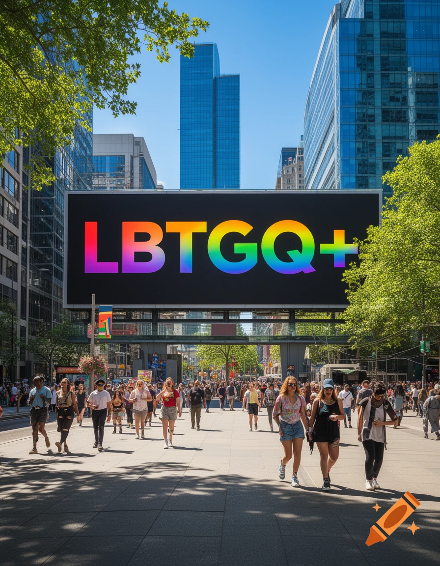 A large screen displaying 'LBTGQ+' overlooks a bustling city street filled with pedestrians and tall buildings. Photorealistic.