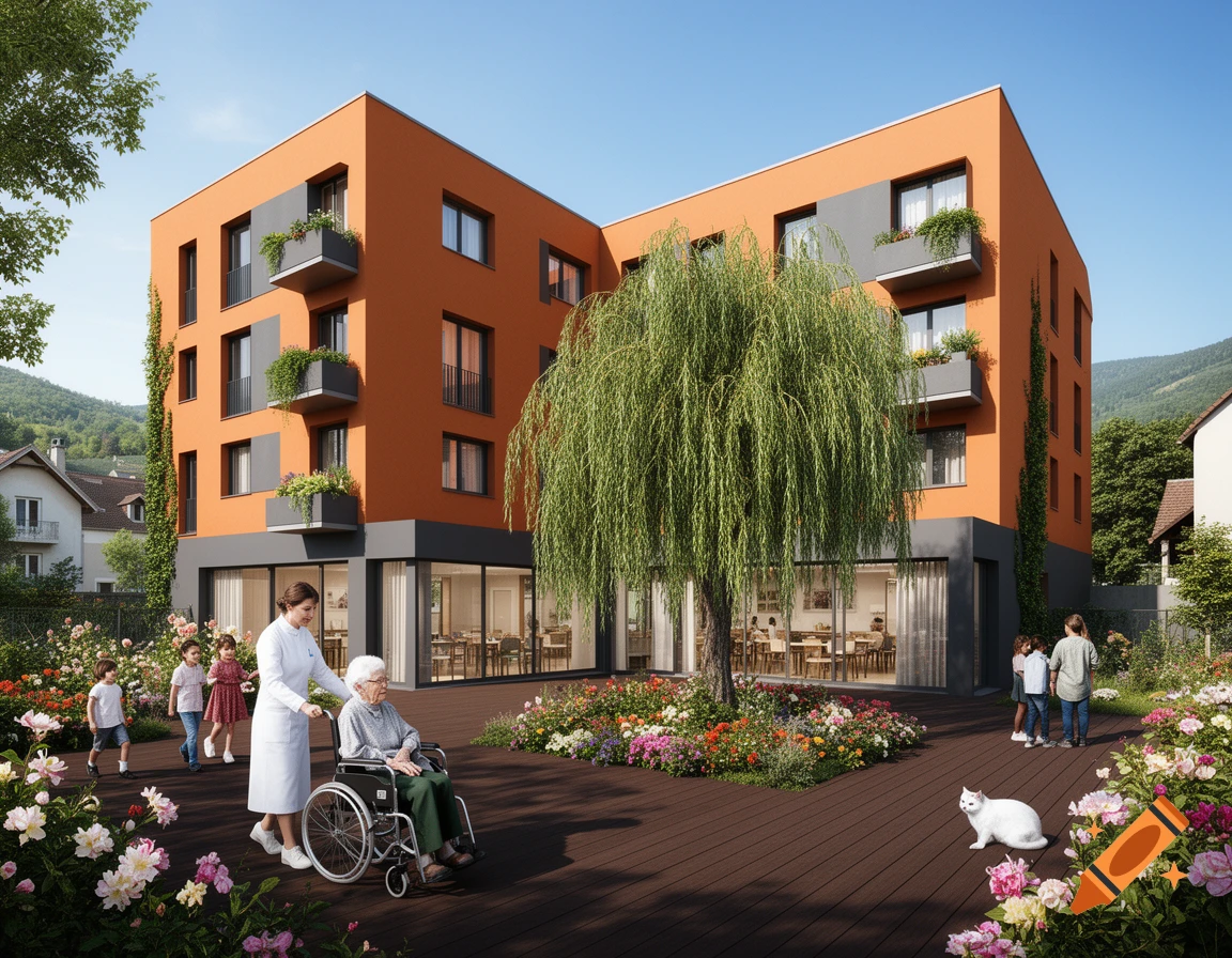 A nurse pushes an elderly woman in a wheelchair in a modern EHPAD garden with children, flowers, a weeping willow, and a white cat.