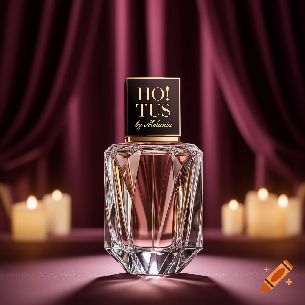 Photorealistic image of a faceted perfume bottle with a dark label reading 'HO! TUS by Melania' against a rich purple background with blurry lit candles.