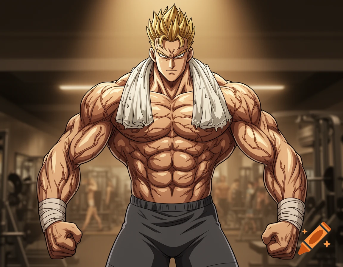 An extremely muscular blonde anime bodybuilder with a white towel on his shoulders stands in a blurred gym.