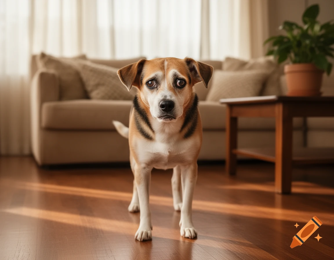 A concerned-looking beagle mix dog stands on a wooden floor in a sunlit living room with a beige couch and plant.