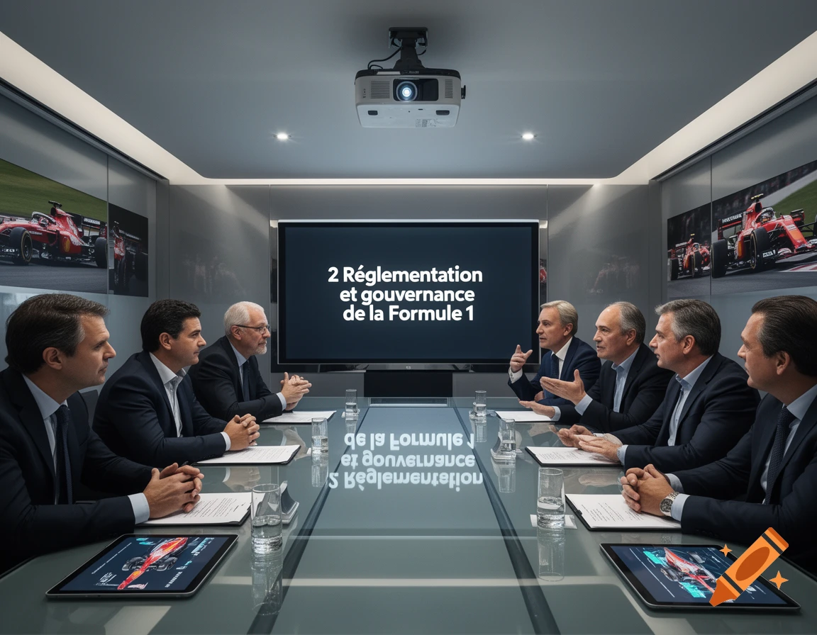 Men in suits at a modern conference table discussing Formula 1, with F1 car images and a screen displaying relevant text.