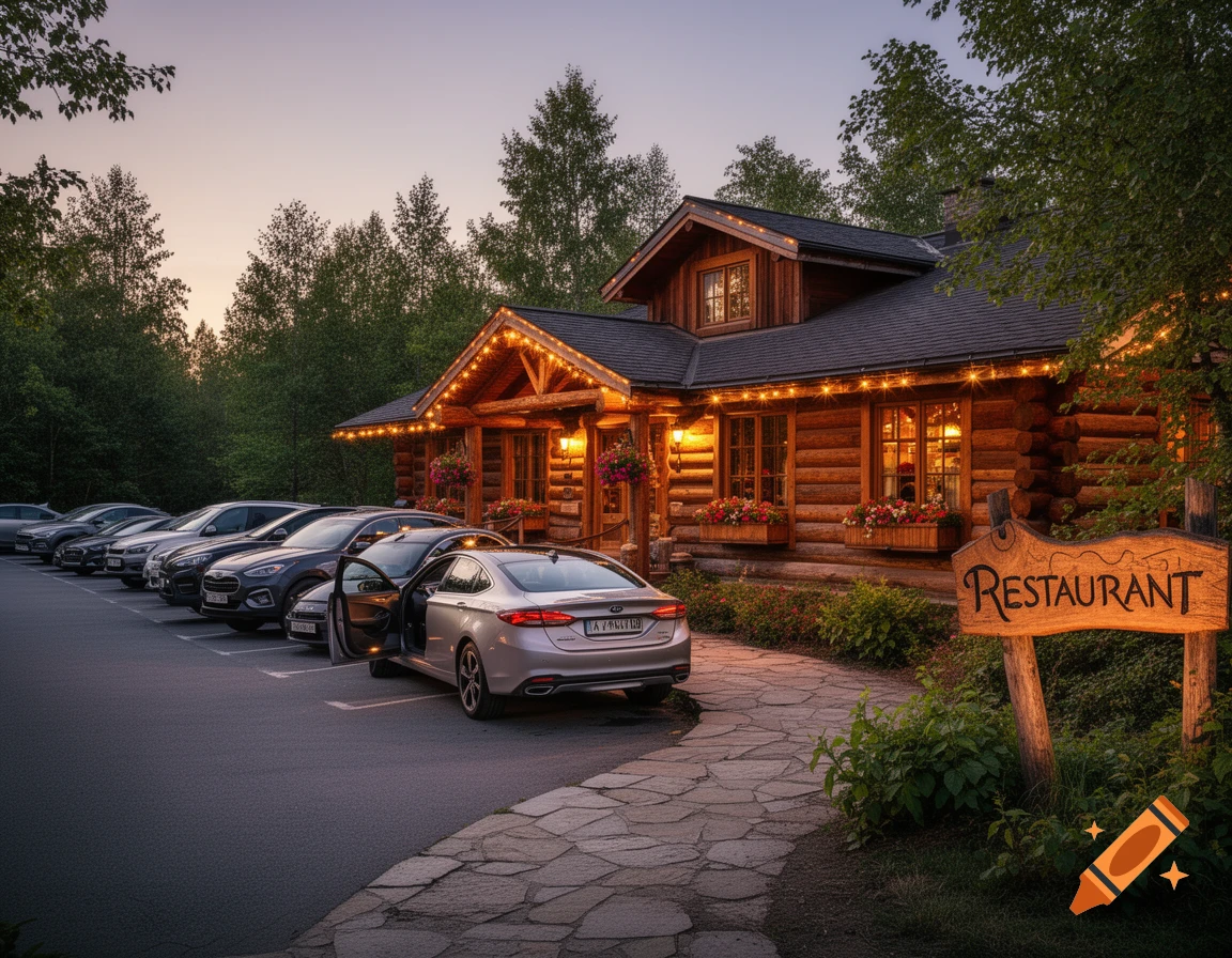 A cozy log cabin restaurant illuminated by string lights at dusk, with a wooden sign reading "Restaurant" next to a parking lot full of cars, one with an open door.