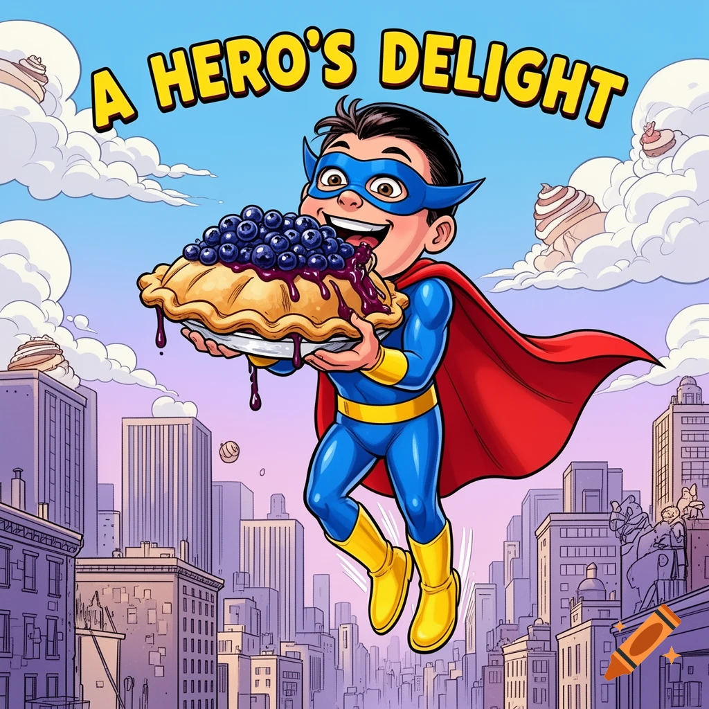 A cartoon superhero in a blue and red suit flies over a city, happily ...