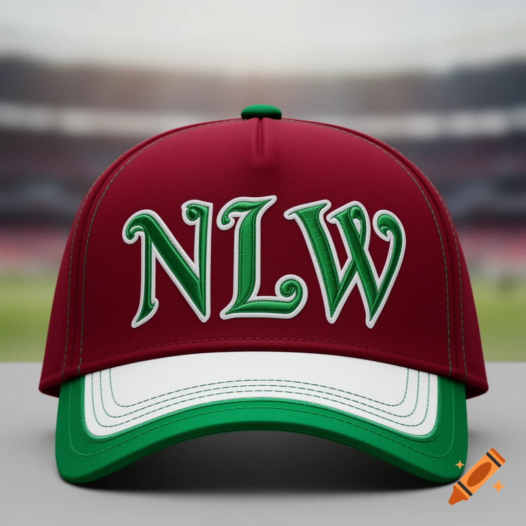A red, white, and green baseball cap with green and white 'NLW' embroidered on the front.