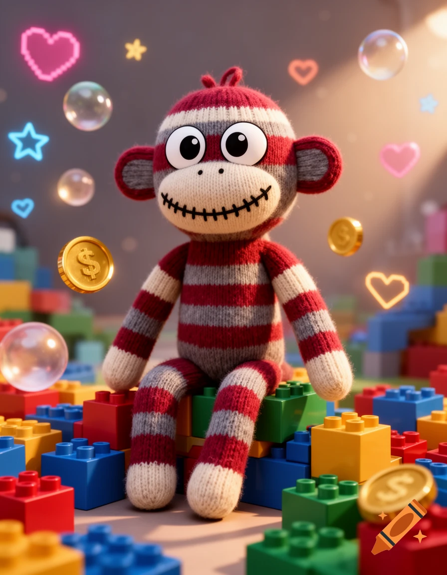 A cute sock monkey sits on colorful building blocks, surrounded by floating hearts, stars, bubbles, and gold coins.