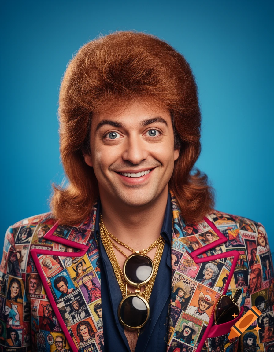A smiling man with a large, reddish-brown mullet, gold chains, and a colorful blazer patterned with magazine covers, against a blue background.