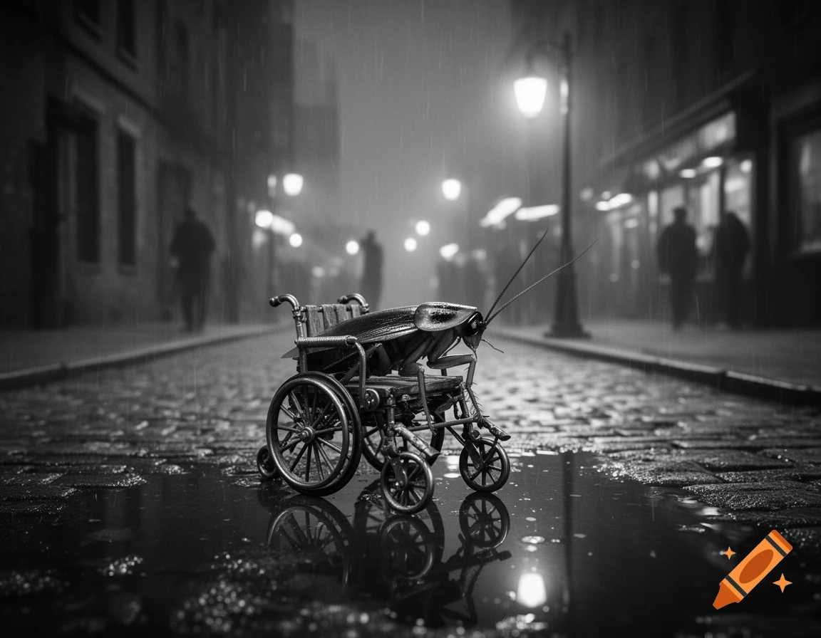 A large cockroach sits in a wheelchair on a wet, rainy cobblestone street at night, in a black and white noir style.