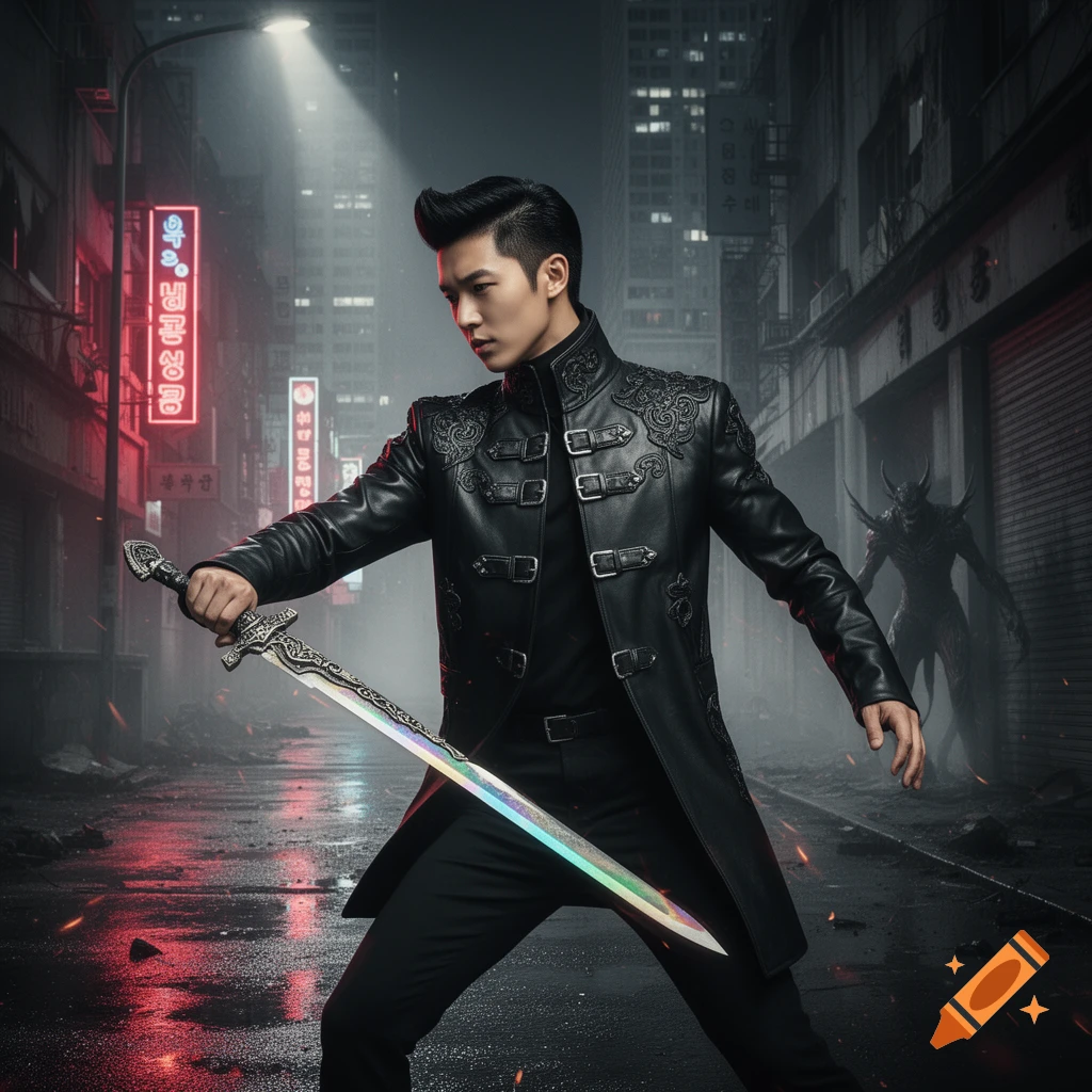A stylish man in a black leather trench coat wields a glowing sword against a shadowy demon in a dark, wet city alley.