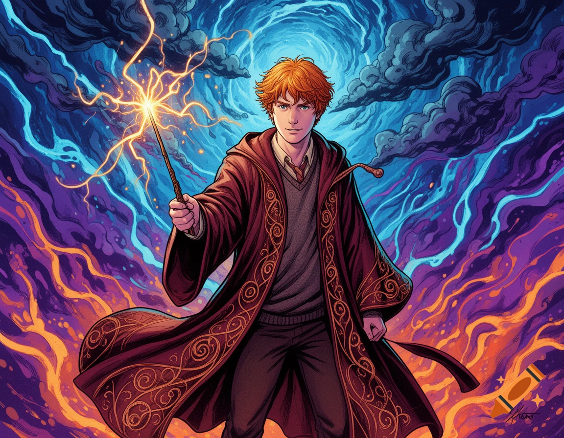 Comic art of Ron Weasley with red hair, wearing a Hogwarts robe, holding a wand that emits bright golden lightning against a blue and purple magical background.