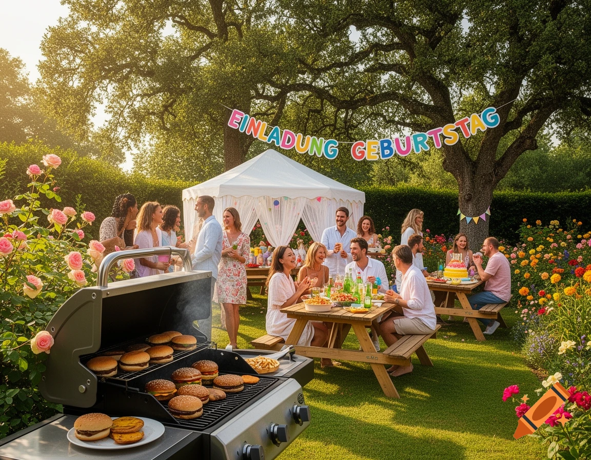 A group of people enjoy a sunny garden birthday party with a large burger grill, picnic tables, and a colorful banner.