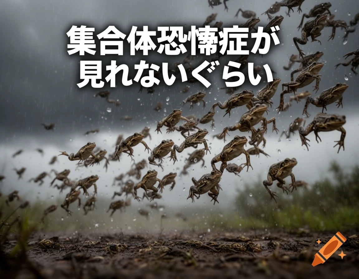 Numerous frogs fall from a dark, rainy sky onto muddy ground, with white Japanese text overlaid.