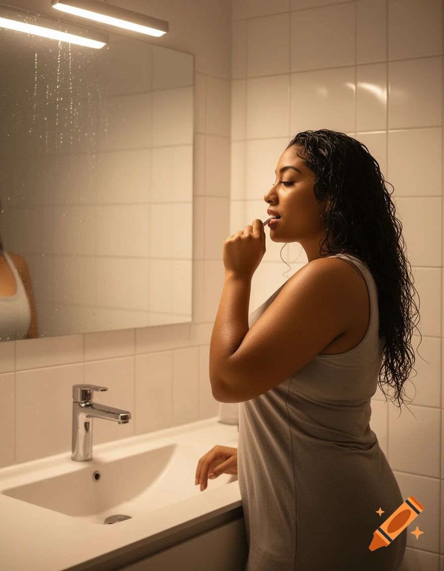 A curvy young mixed woman with wet hair brushes her teeth in a warm-lit bathroom, her reflection visible.