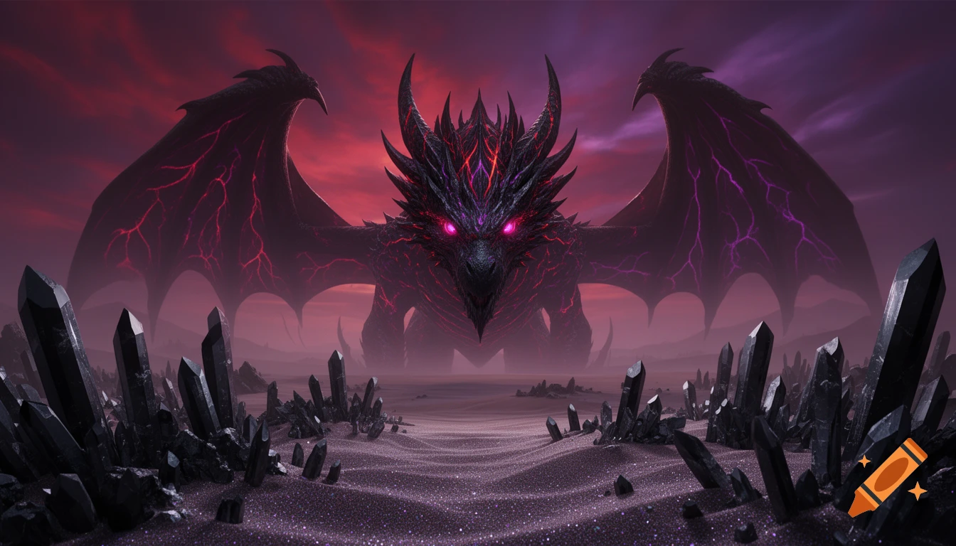 A colossal black dragon with glowing red and purple eyes overlooks a dark crystal desert under a red and purple sky.