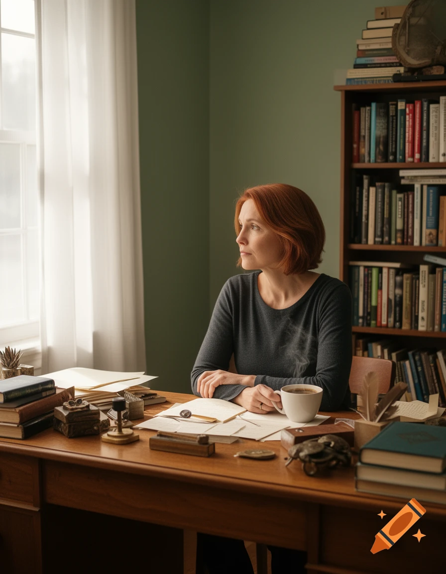 A red-haired woman sits at a wooden desk with a steaming coffee cup and papers, looking out a window. Bookshelves are visible in the background.