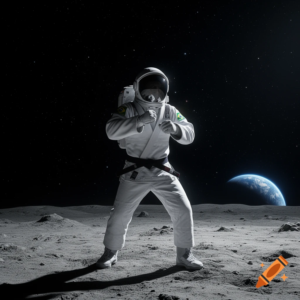 An astronaut wearing a white Brazilian Jiu-Jitsu gi with a black belt stands in a ready stance on the moon with Earth visible in the background.
