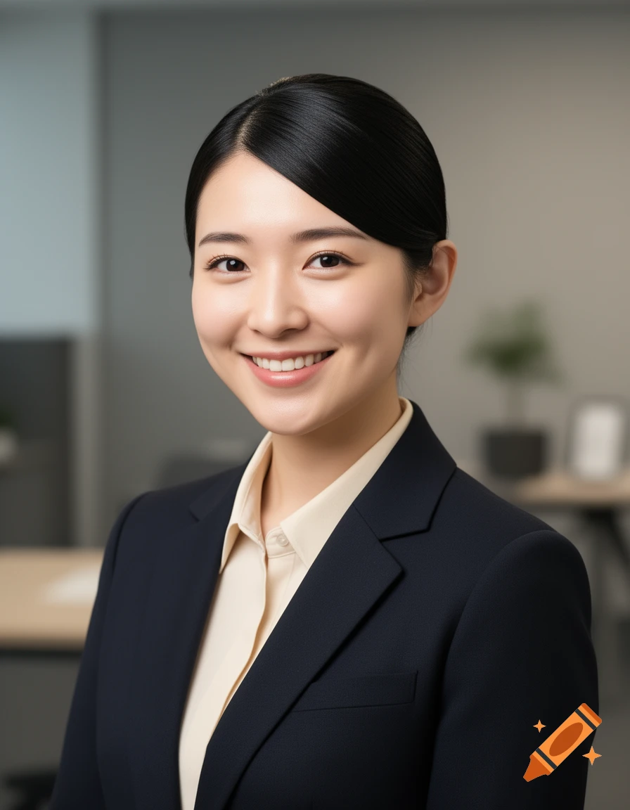 A photorealistic portrait of a smiling young Japanese businesswoman in a navy suit and beige shirt, in an office.