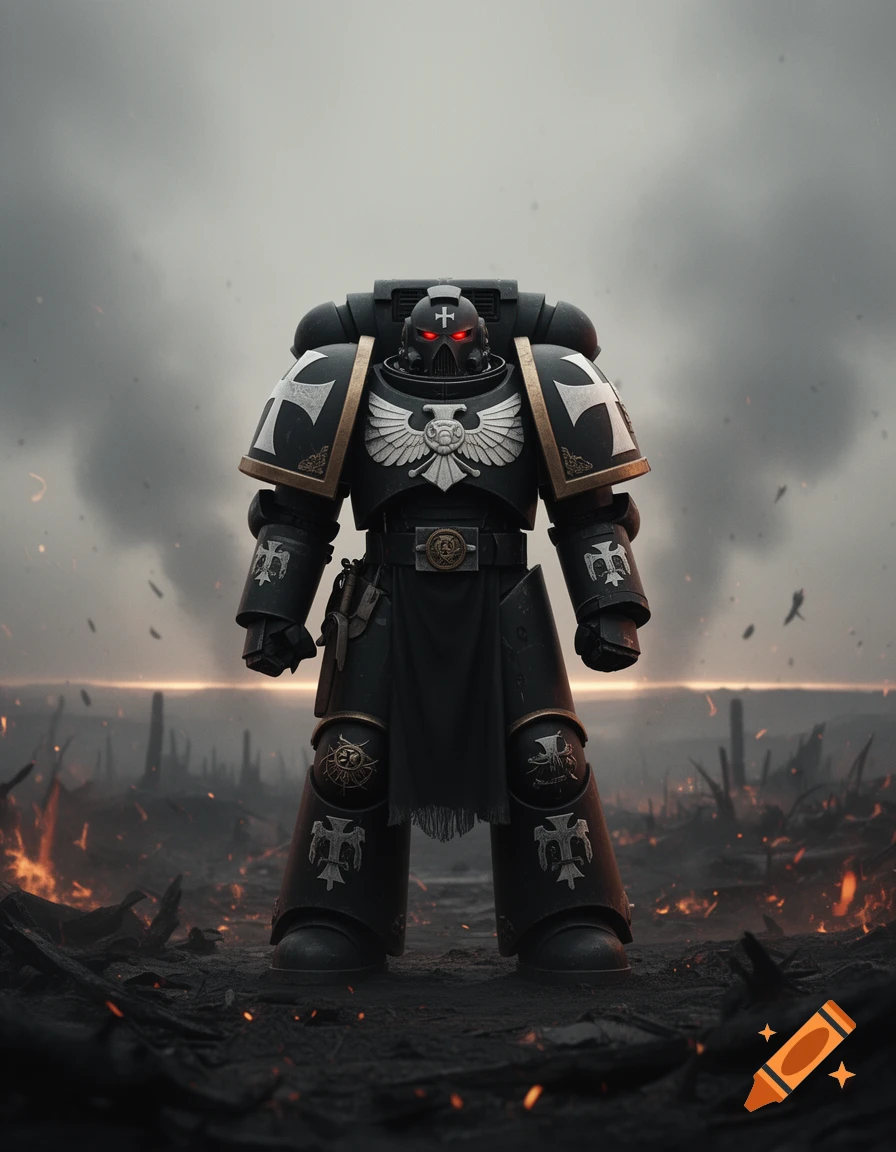 A heavily armored Black Templar Space Marine stands amidst a burning, ruined battlefield under a smoky sky, with red eyes glowing.