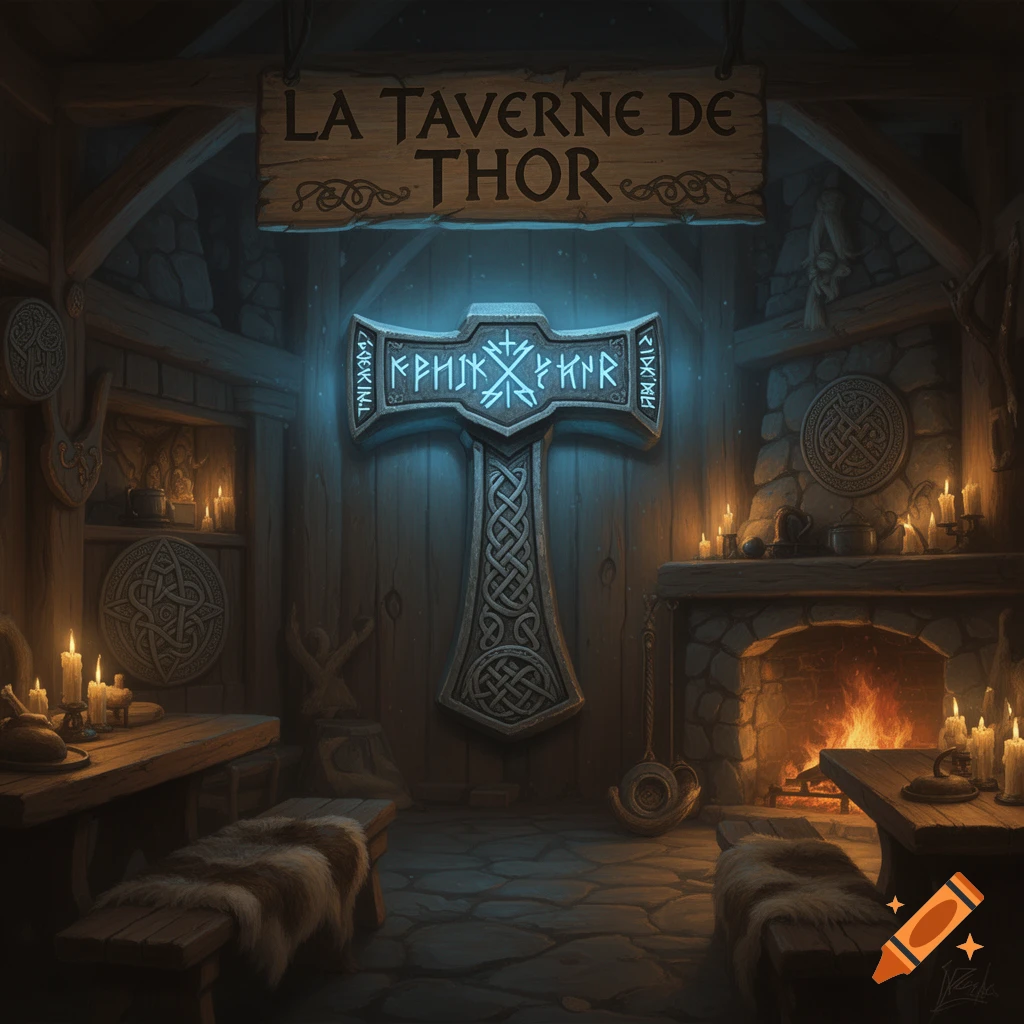 A dimly lit fantasy tavern, 'La Taverne de Thor' sign above a glowing runic Mjolnir-like hammer. Candles illuminate wooden tables and a stone fireplace.