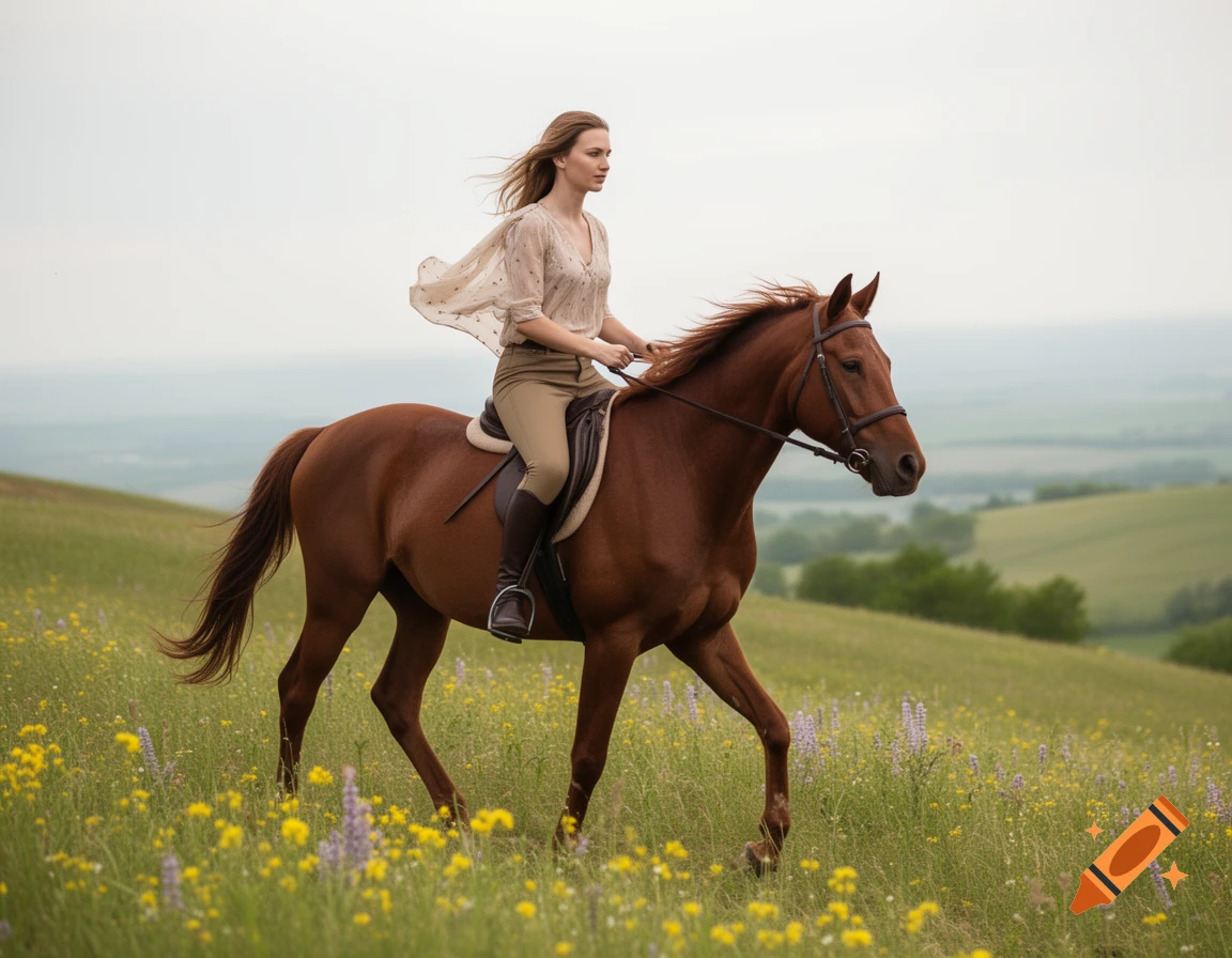 A woman in riding attire on a brown horse walks through a green field filled with yellow and purple wildflowers under a light sky.