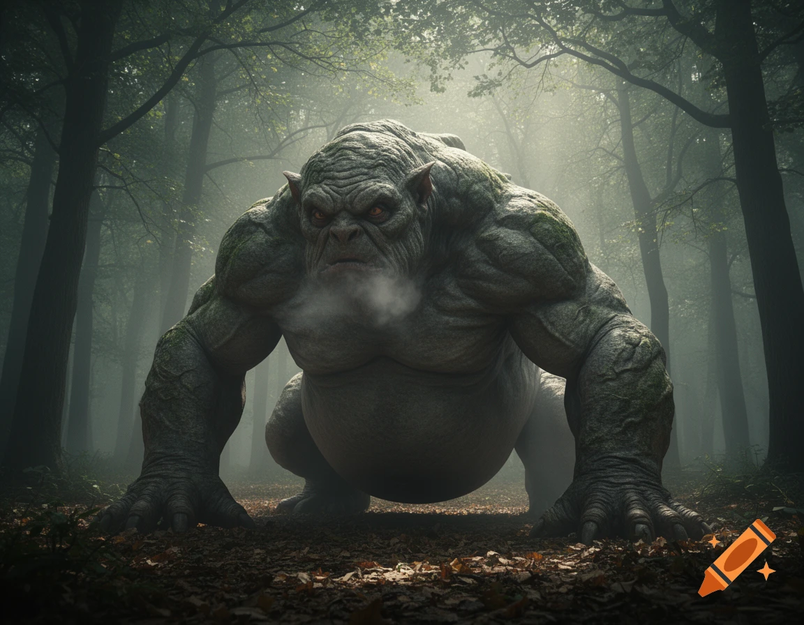 A large, muscular, grey monster with glowing red eyes hunched in a misty forest, steam rising from its mouth, in a photorealistic style.