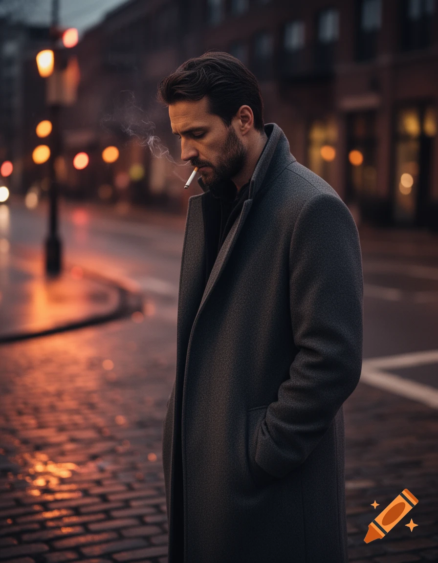 Photorealistic portrait of a man in a grey coat smoking a cigarette on a wet city street at night, looking down.