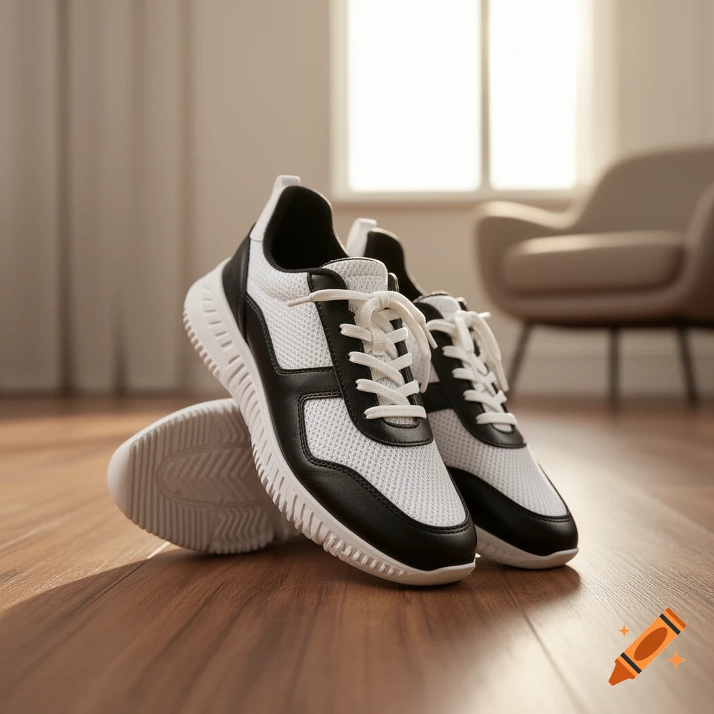 A pair of white and black sneakers with white laces sits on a polished wooden floor, with a window and armchair in the background.