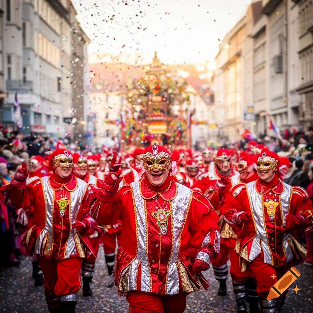 A vibrant carnival parade with people in red and gold jester costumes and masks, with confetti falling.