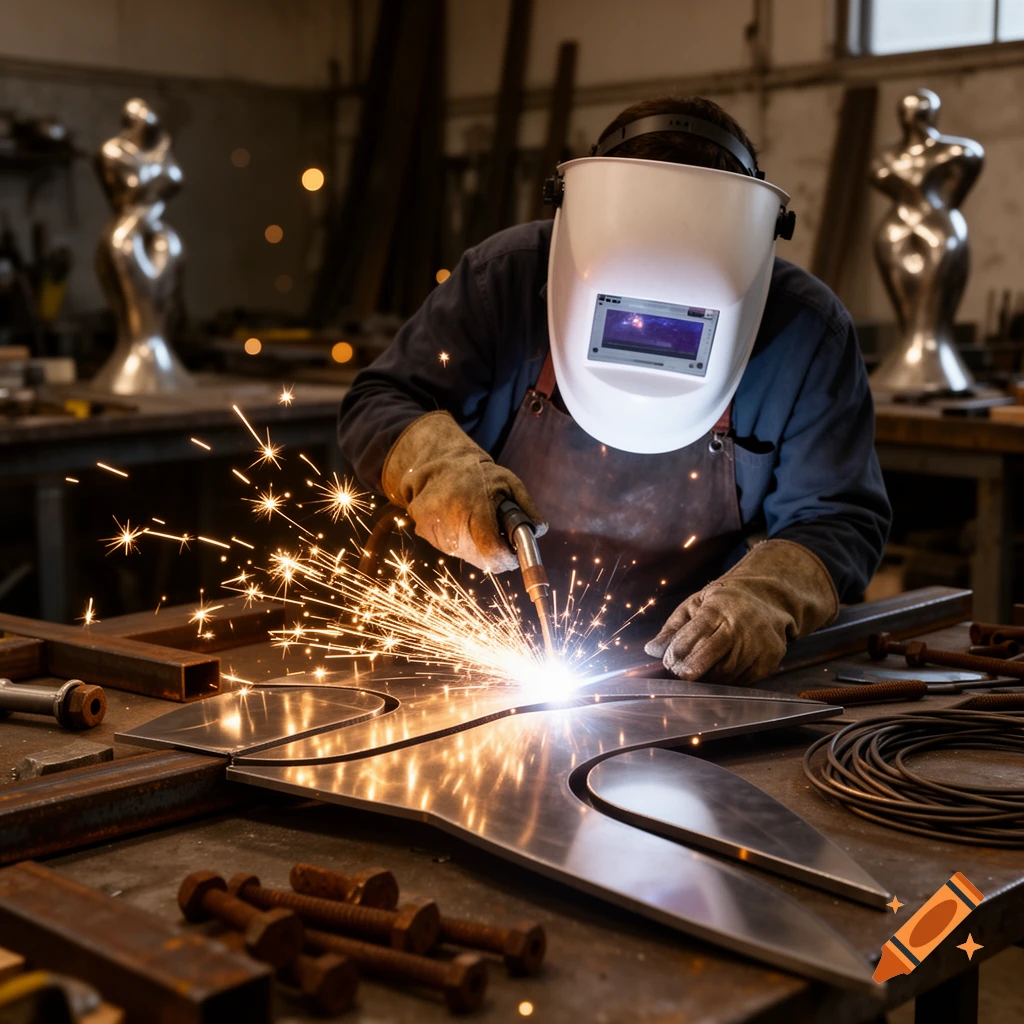 A person in a welding mask and gloves creates metal art with sparks flying in a workshop, with two metallic sculptures blurred in the background.