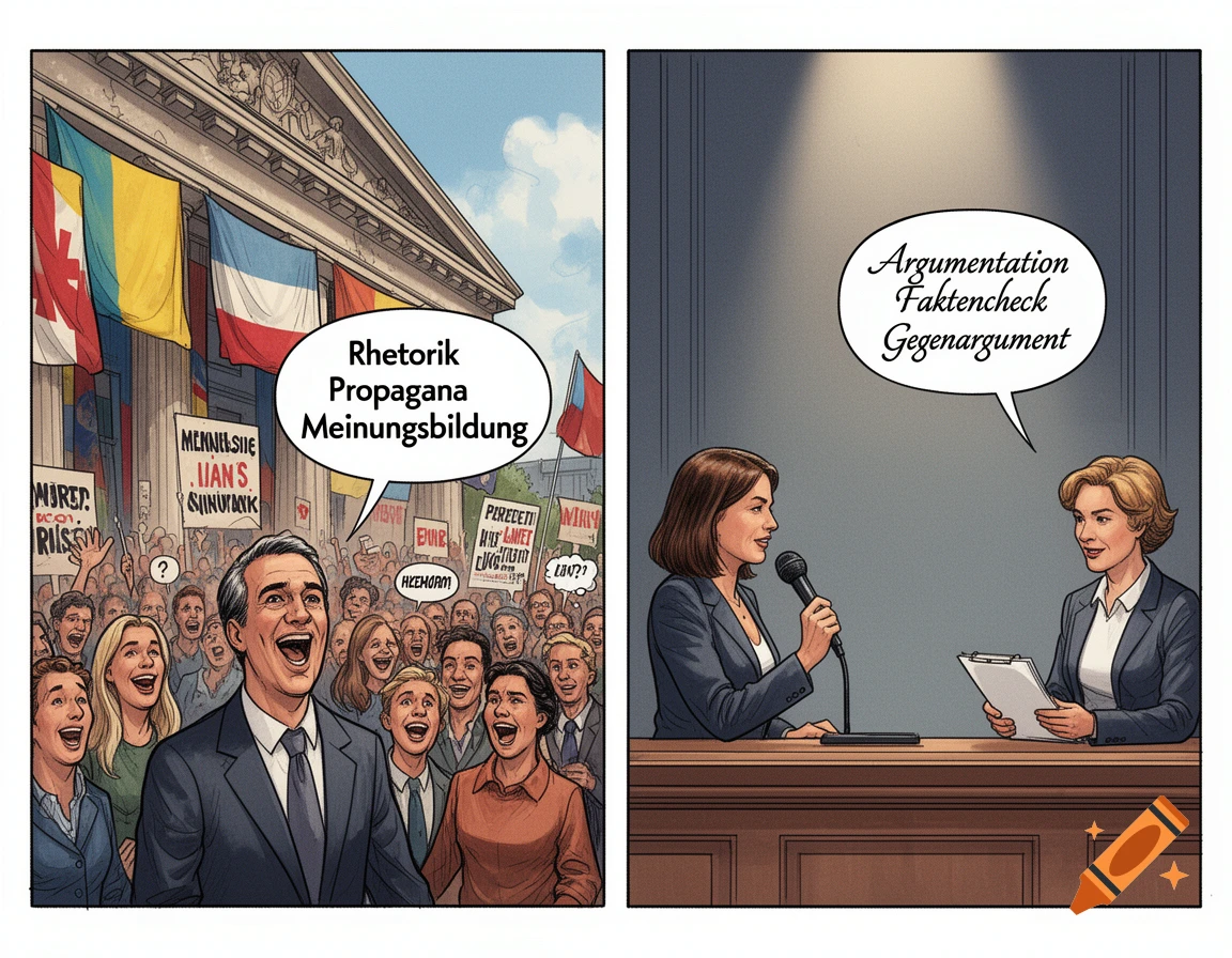 A two-panel comic: left, a crowd with signs and a speaker; right, two women in a debate with a microphone and notepad, discussing rhetoric and argumentation.