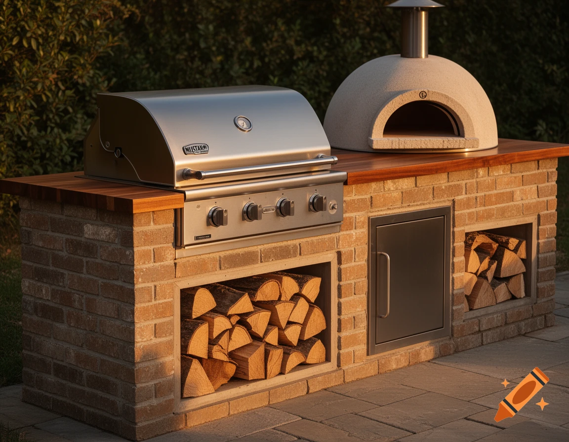 Photorealistic image of a brick outdoor kitchen counter featuring a stainless steel grill, a stone pizza oven, and firewood storage.