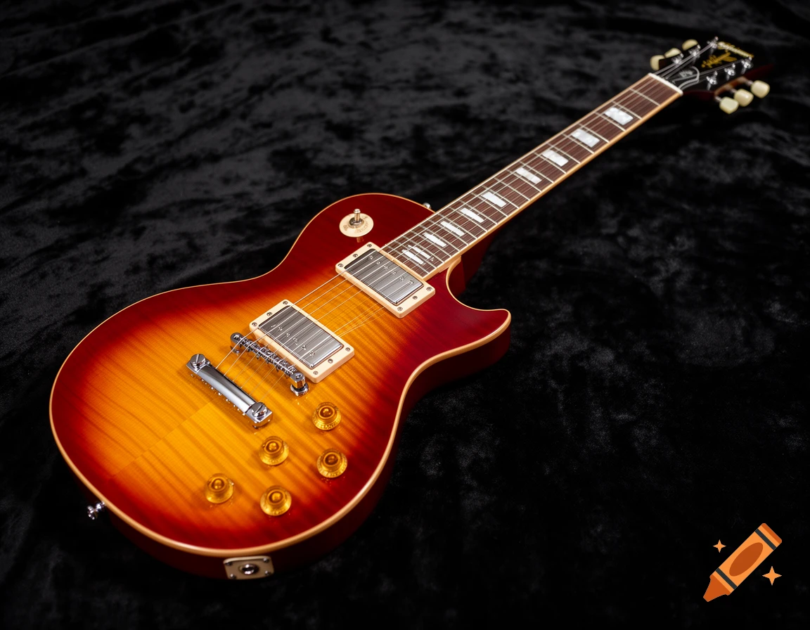 A photorealistic image of a dark cherry burst Gibson Les Paul electric guitar resting on a black velvet background.