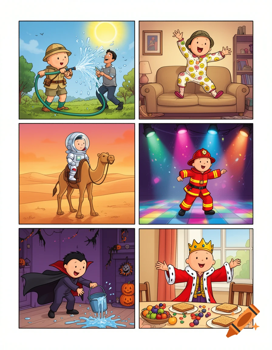 A colorful comic strip featuring Caillou dressed as an explorer, a pajama-wearing child, an astronaut, a firefighter, a vampire, and a king.