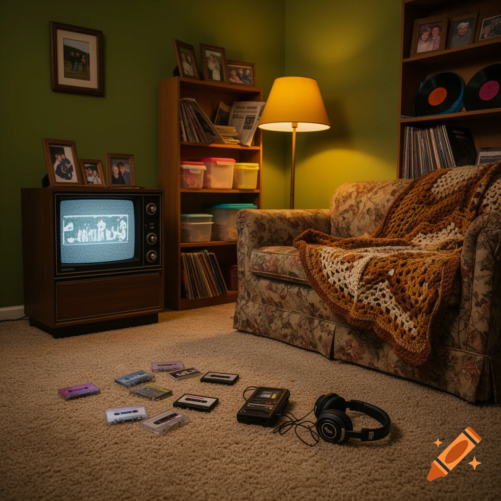 A cozy, dimly lit 1980s-themed living room with a patterned armchair, a TV set with static, cassettes and headphones on the carpet, and a bookshelf with records and family photos.