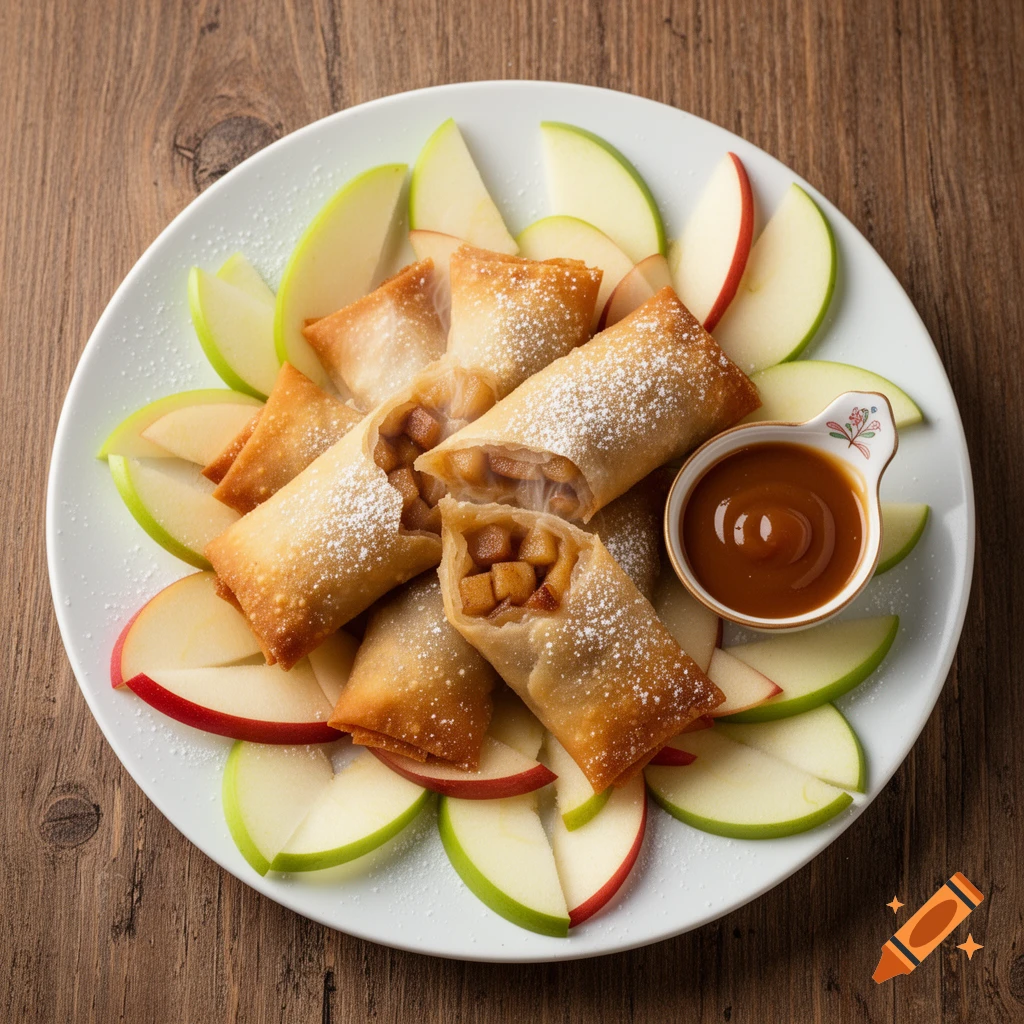 Photorealistic apple spring rolls with powdered sugar, apple slices, and caramel dip on a white plate on a wooden table.