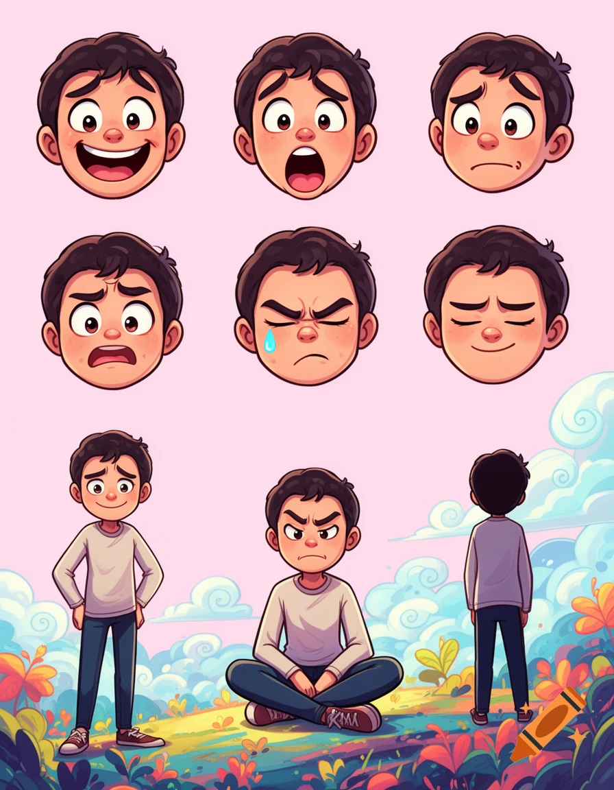 Cartoon boy with 6 facial expressions and 3 full-body poses (standing, sitting, back view) in a colorful landscape.
