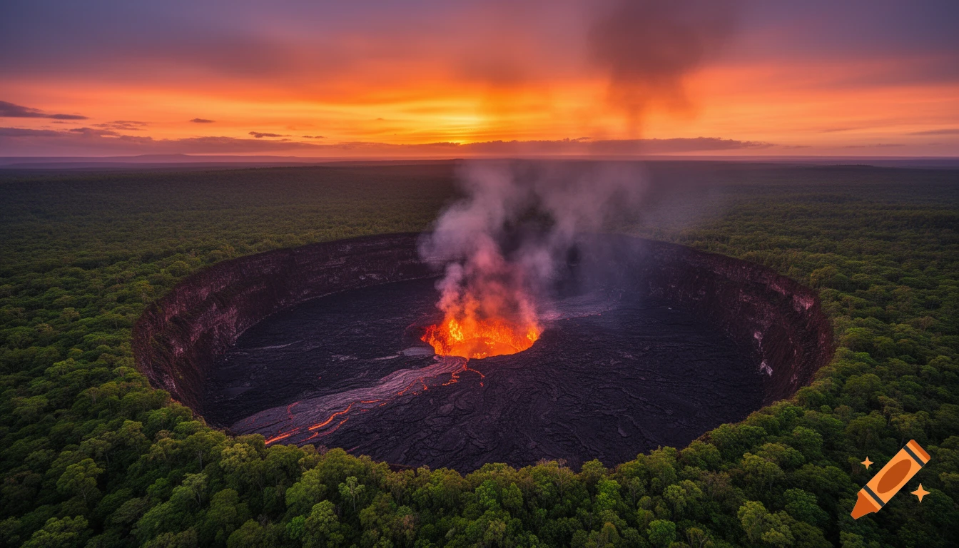 Aerial view of an erupting volcano crater with glowing lava, smoke plumes, and a lush rainforest under a vibrant sunset.