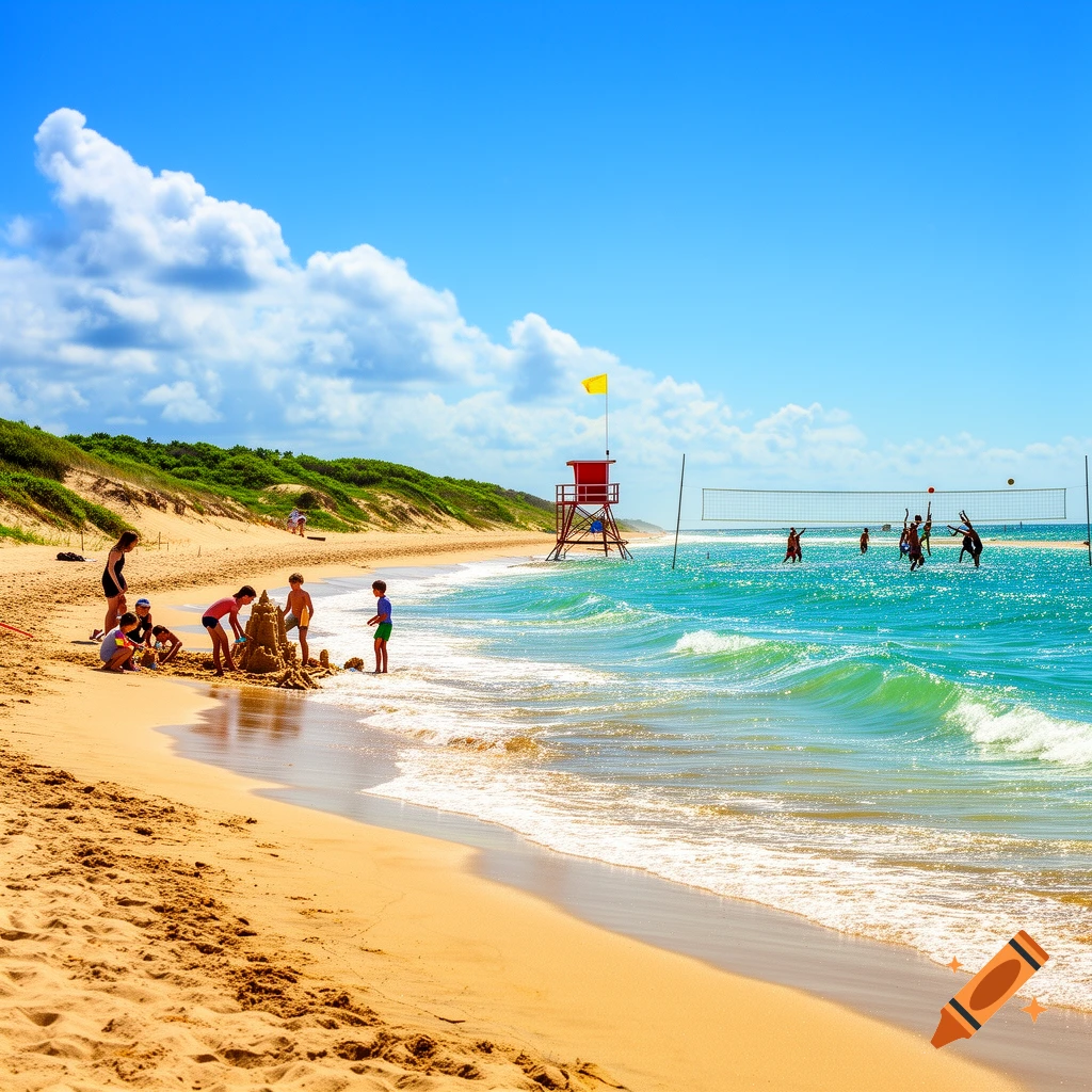 A vibrant beach scene with children building a sandcastle and adults playing volleyball in the ocean near a red lifeguard tower.