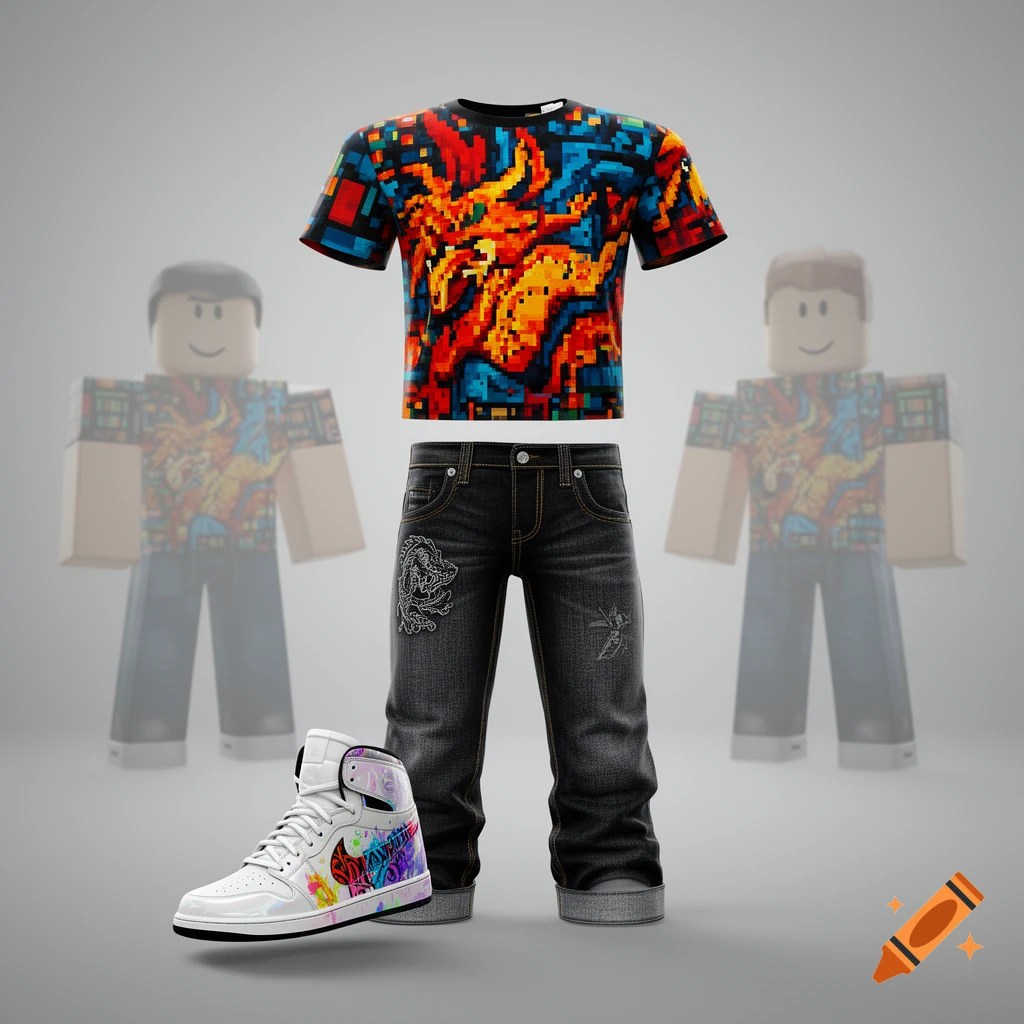 A pixelated t-shirt with orange, red, and blue patterns, dark jeans with white designs, and a white high-top sneaker with colorful splashes, arranged as a Roblox outfit with blurred Roblox characters in the background.